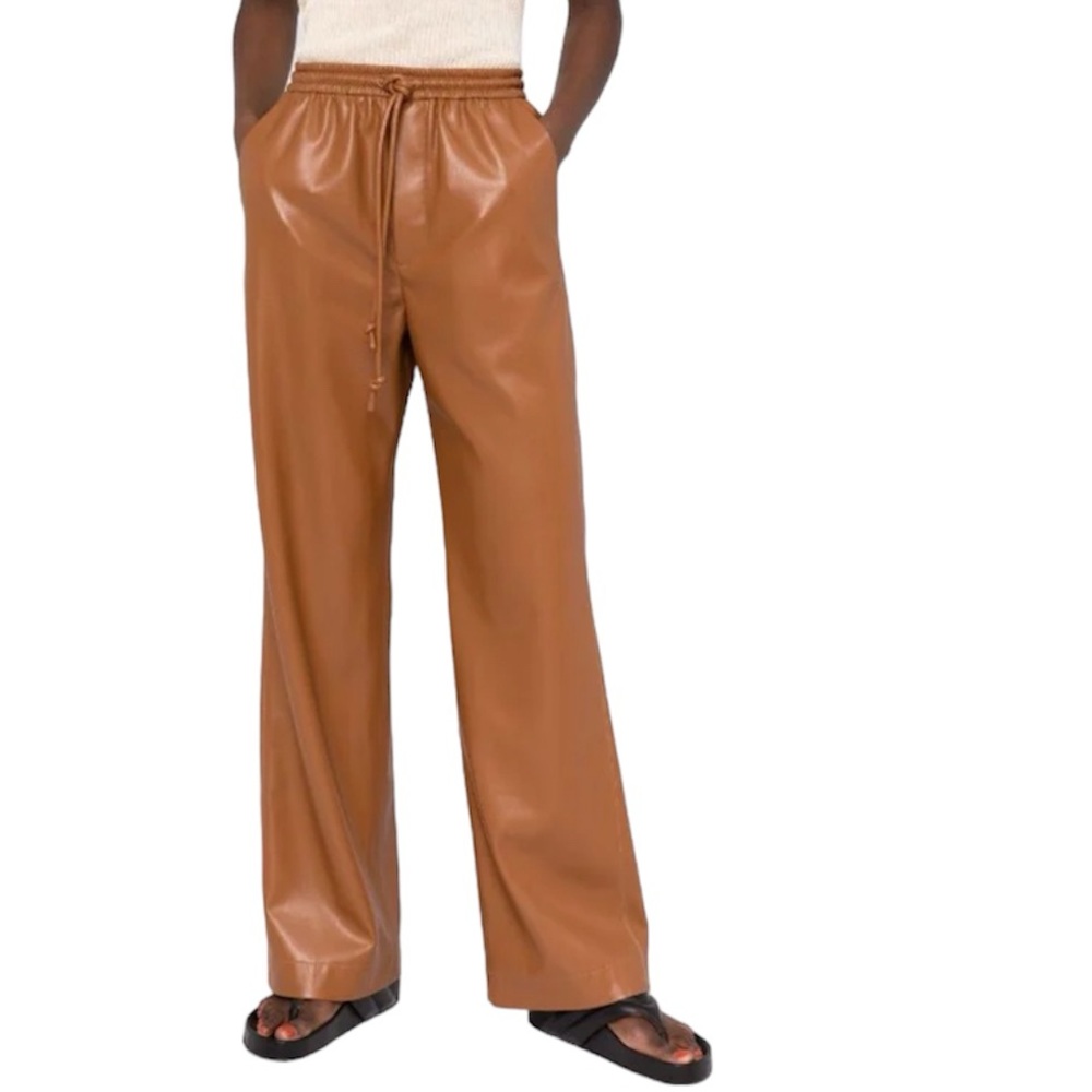 NWOT Nanushka Calie Alt Leather Drawstring Waist Trousers Tobacco XS